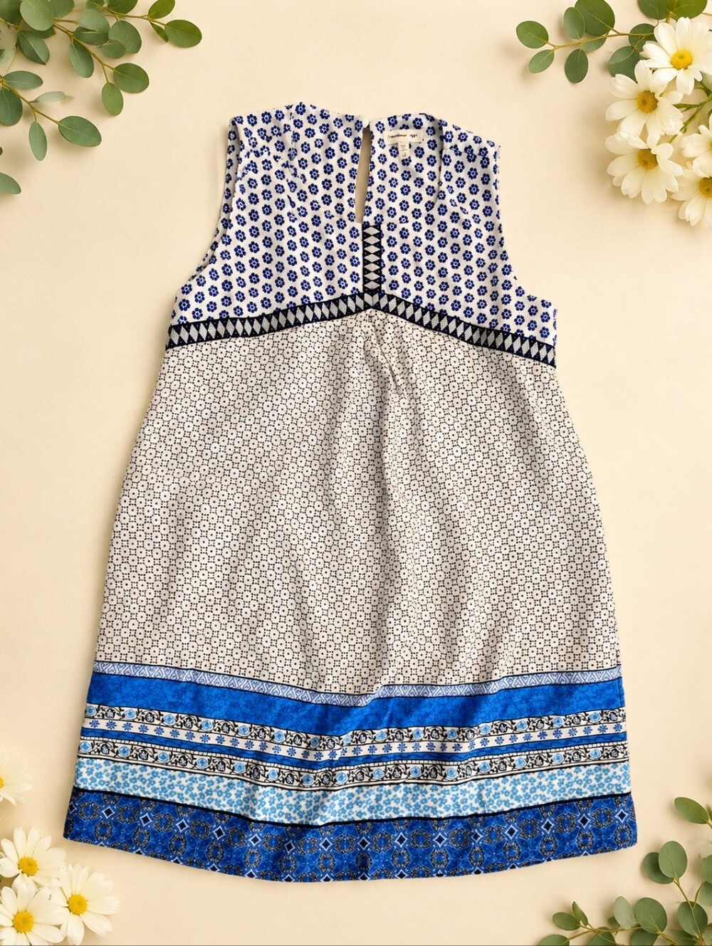 Monteau Blue & White Patterned Sleeveless Dress